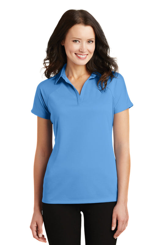 Front View of Azure Blue Port Authority Women's Crossover Raglan Polo. L575 - M