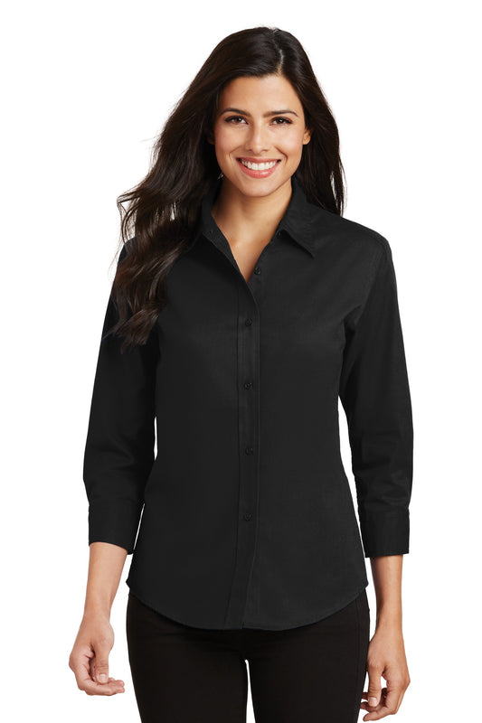 Front View of Black Port Authority Women's 3/4-Sleeve Easy Care Shirt. L612 - 4XL