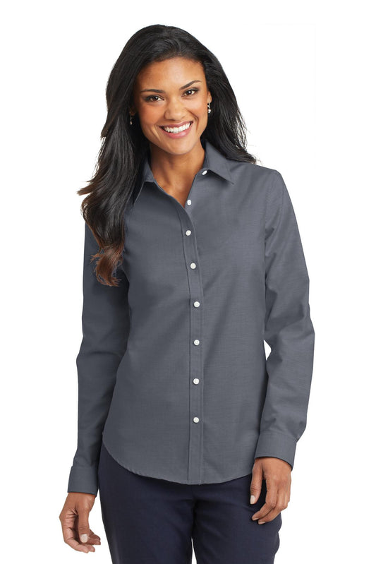 Front View of Black Port Authority Women's SuperPro Oxford Shirt. L658 - S
