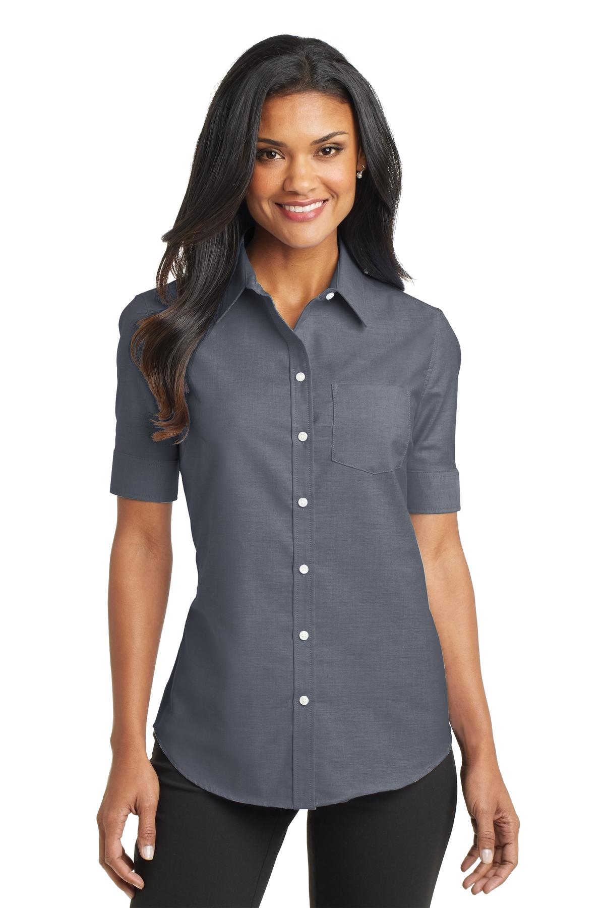 Front View of Black Port Authority Women's Short Sleeve SuperPro Oxford Shirt. L659 - XXL
