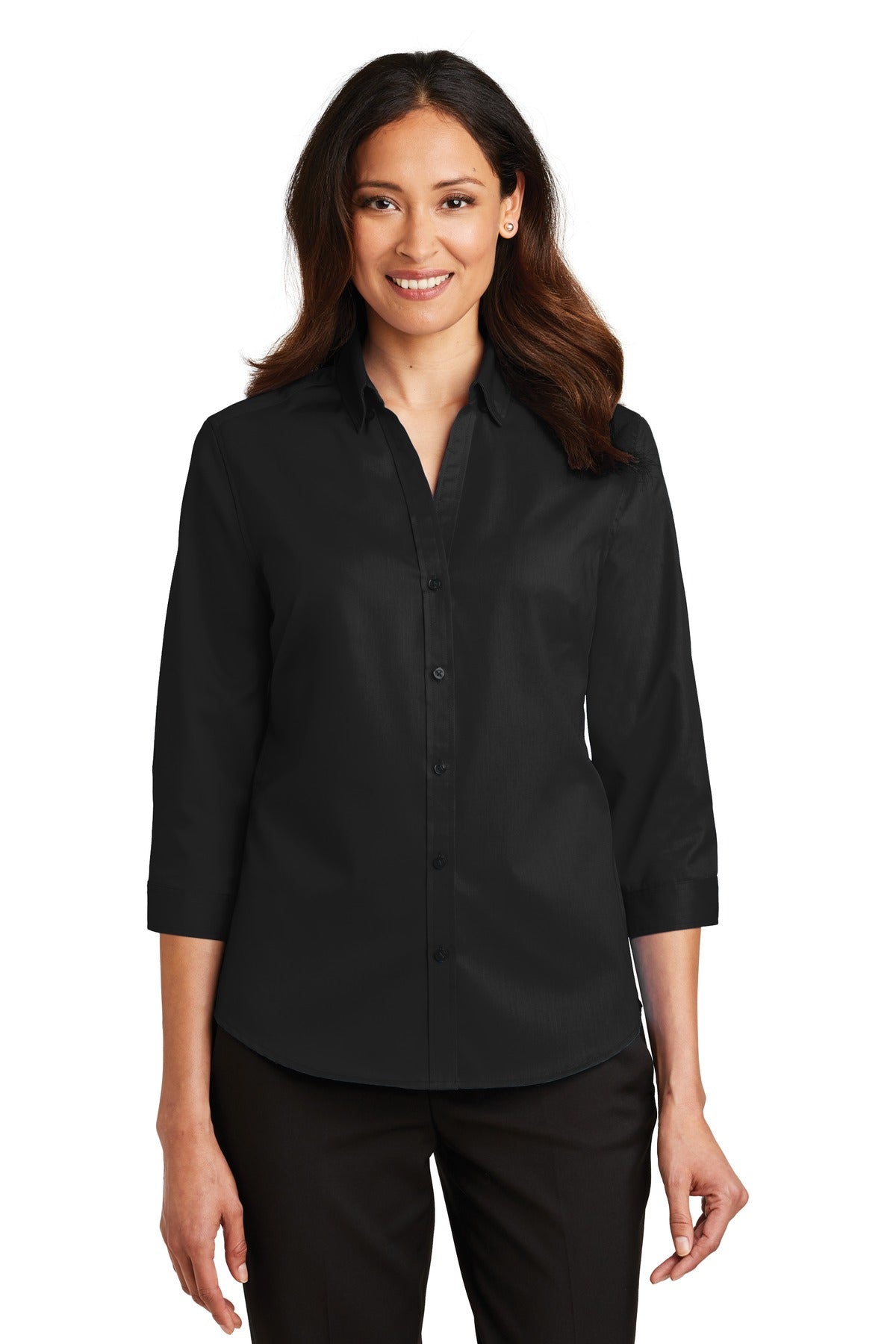 Front View of Black Port Authority Women's 3/4-Sleeve SuperPro Twill Shirt. L665 - L