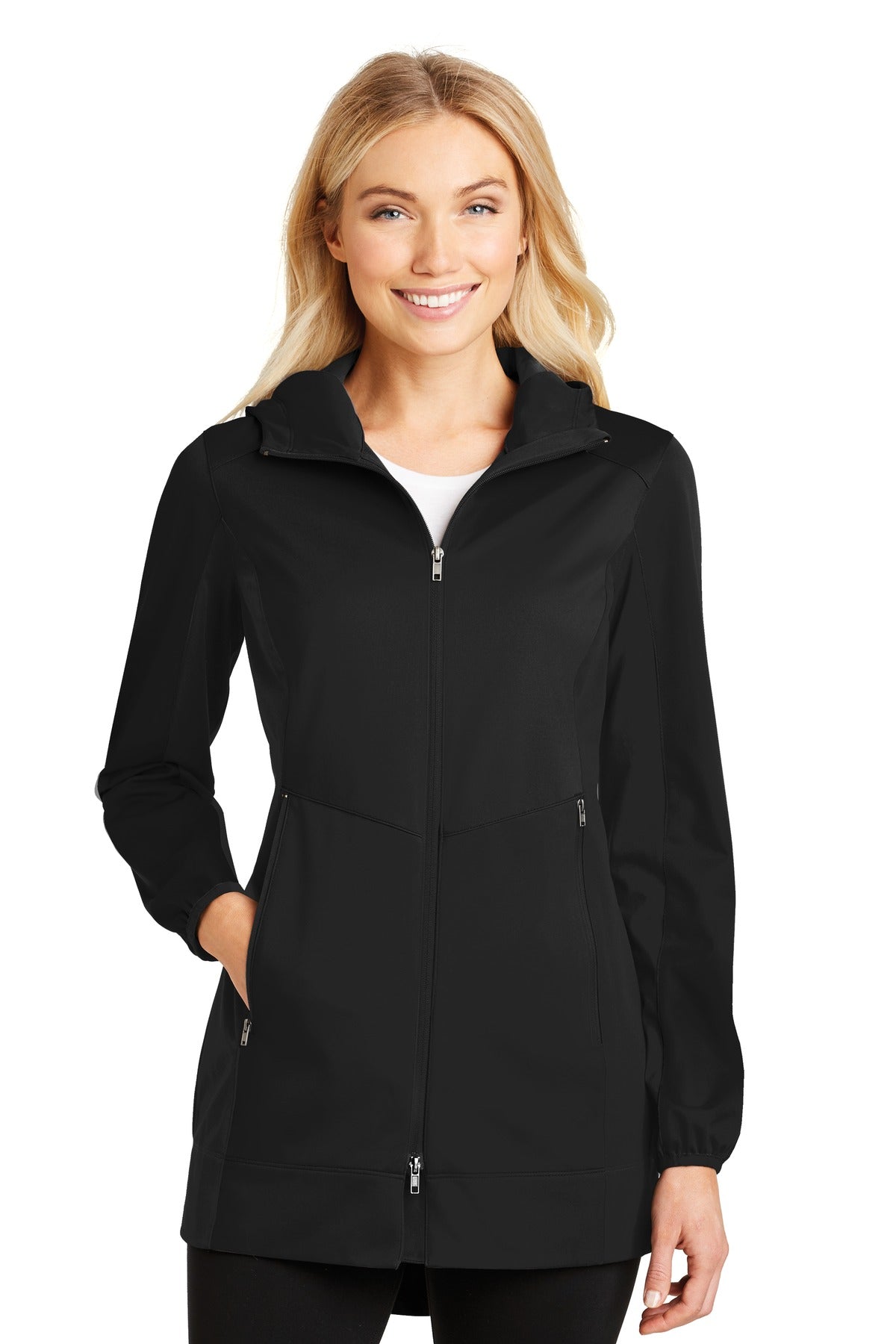 Front View of Deep Black Port Authority Women's Active Hooded Soft Shell Jacket. L719 - 4XL