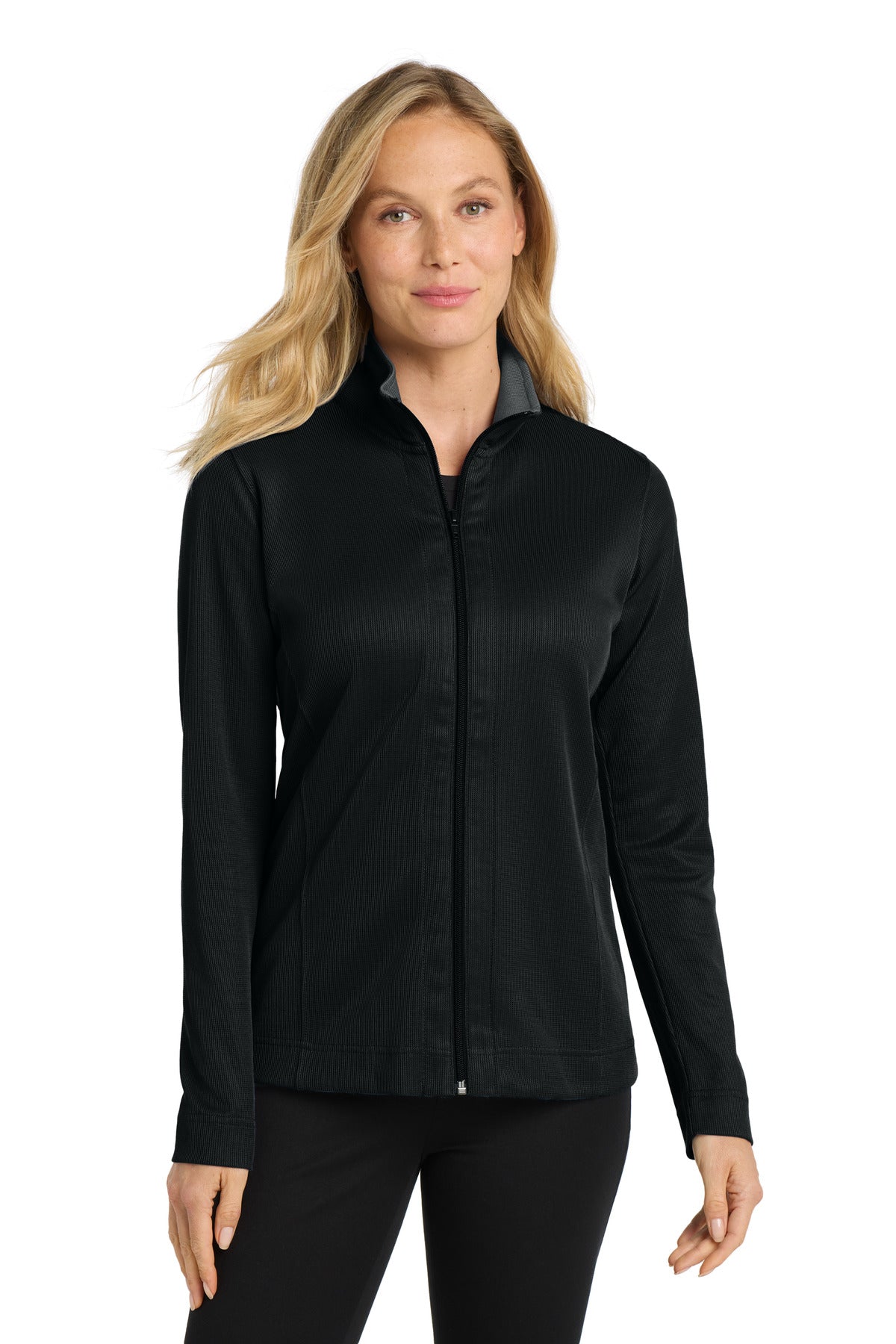 Front View of Black/Iron Gry Port Authority Women's Vertical Texture Full-Zip Jacket. L805 - XXL