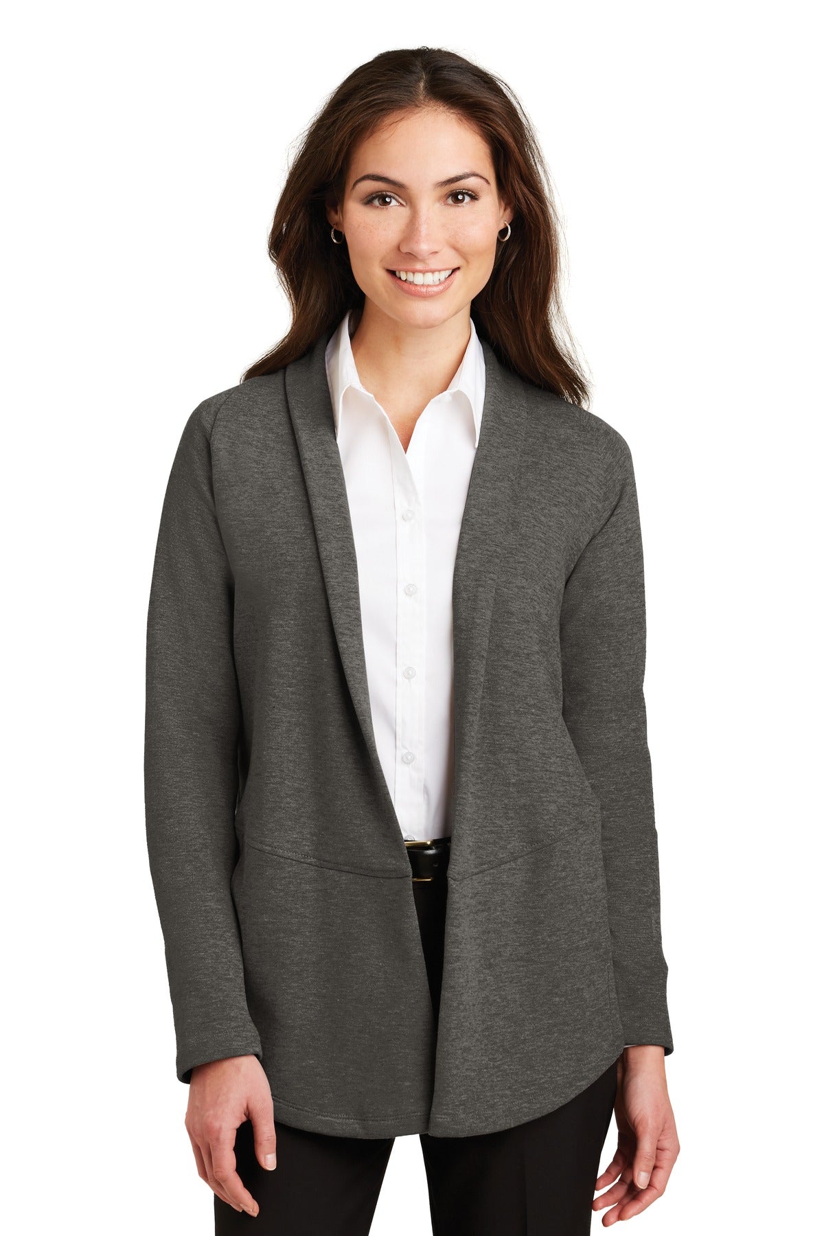 Front View of Char He/MH Gry Port Authority Women's Interlock Cardigan. L807 - S
