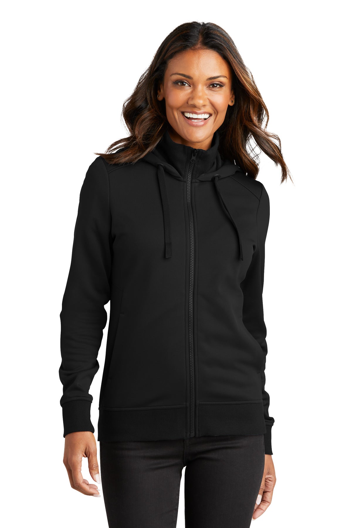 Front View of DeepBlack Port Authority Women's Smooth Fleece Hooded Jacket L814 - 3XL