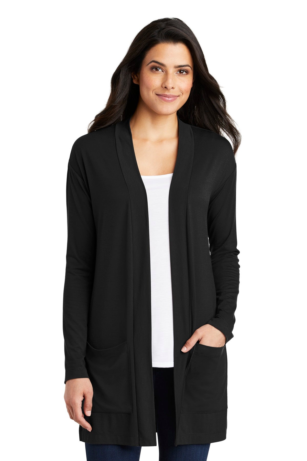 Front View of Black Port Authority Women's Concept Long Pocket Cardigan . LK5434 - 4XL