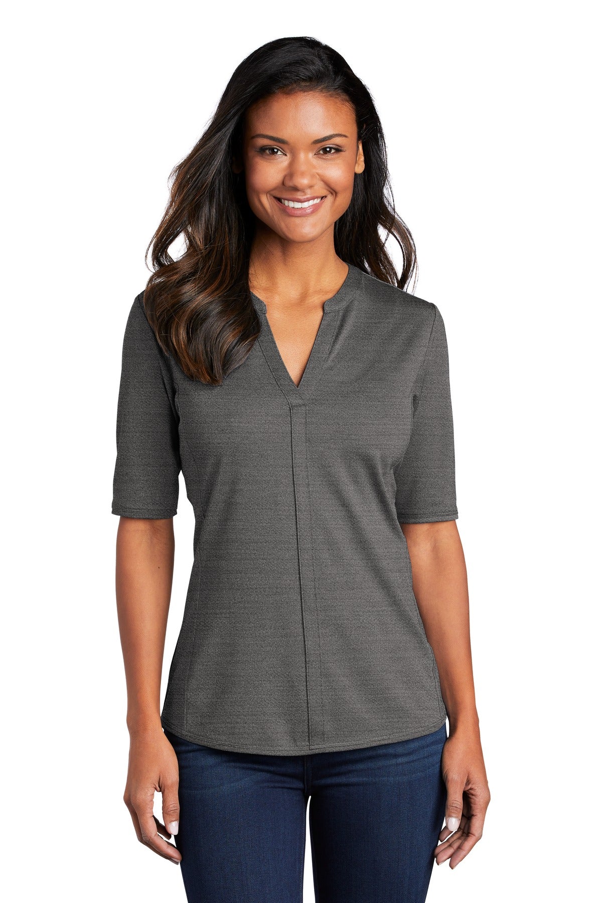 Front View of Black/Thndr Gy Port Authority Women's Stretch Heather Open Neck Top LK583 - L