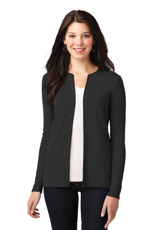 Front View of Black Port Authority Women's Concept Stretch Button-Front Cardigan. LM1008 - L