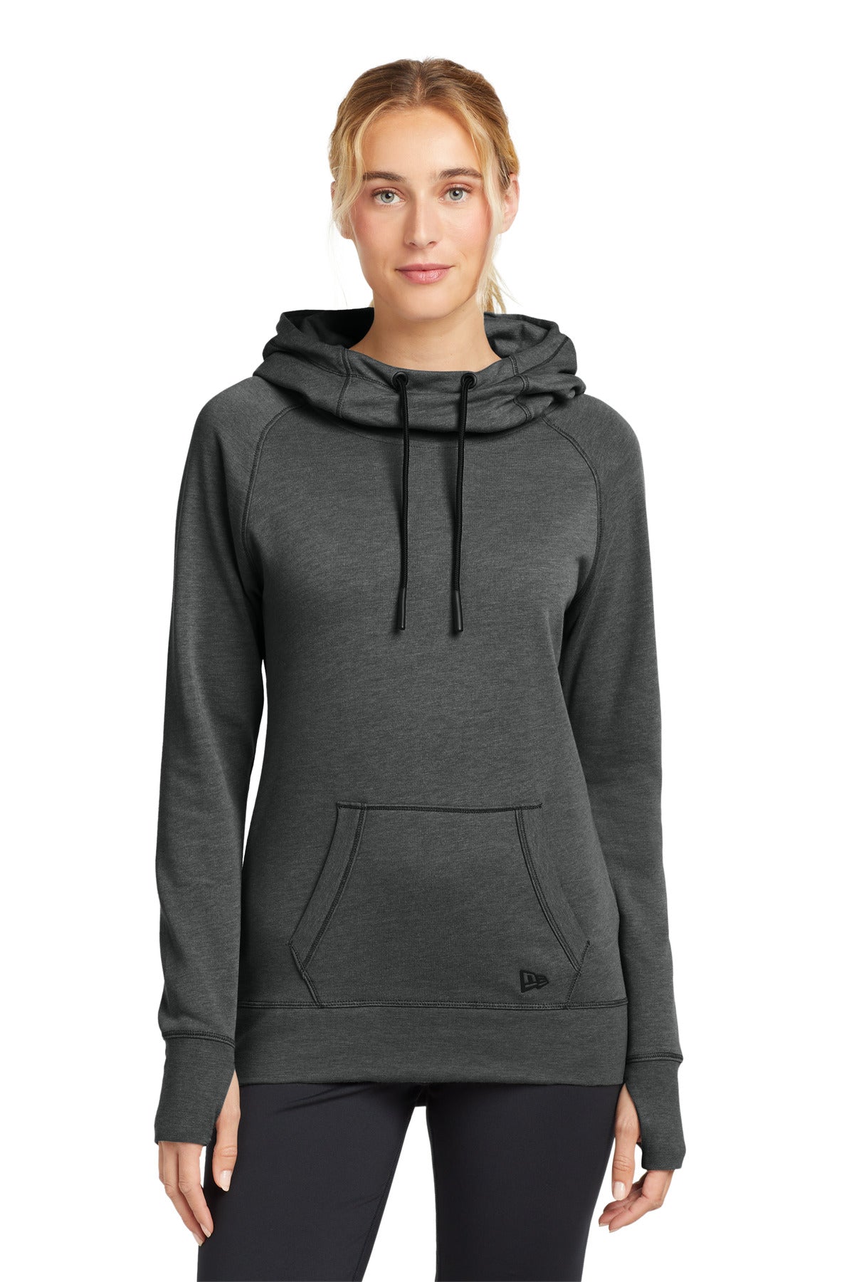 Front View of Black Heather New Era Women's Tri-Blend Fleece Pullover Hoodie. LNEA510 - XS