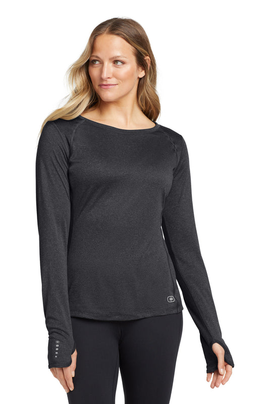 Front View of Blacktop OGIO Women's Long Sleeve Pulse Crew. LOE321 - XS
