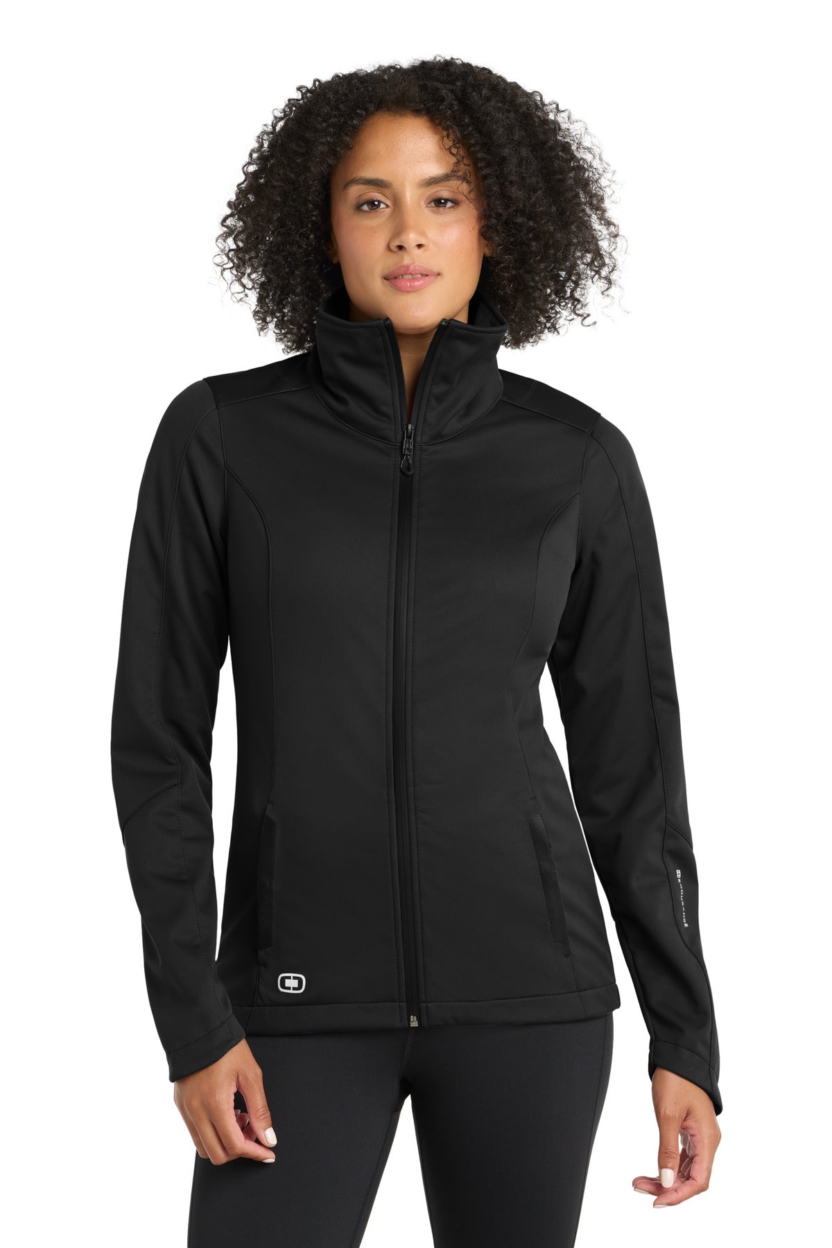 Front View of Blacktop OGIO Women's Crux Soft Shell. LOE720 - XS