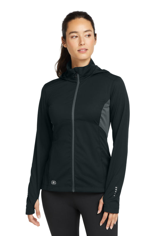 Front View of Blktp/Gear Gry OGIO Women's Pivot Soft Shell. LOE721 - XS