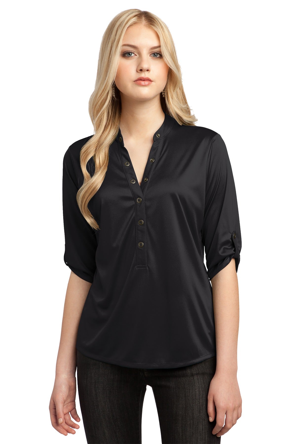 Front View of Blacktop OGIO - Crush Henley. LOG111 - XS