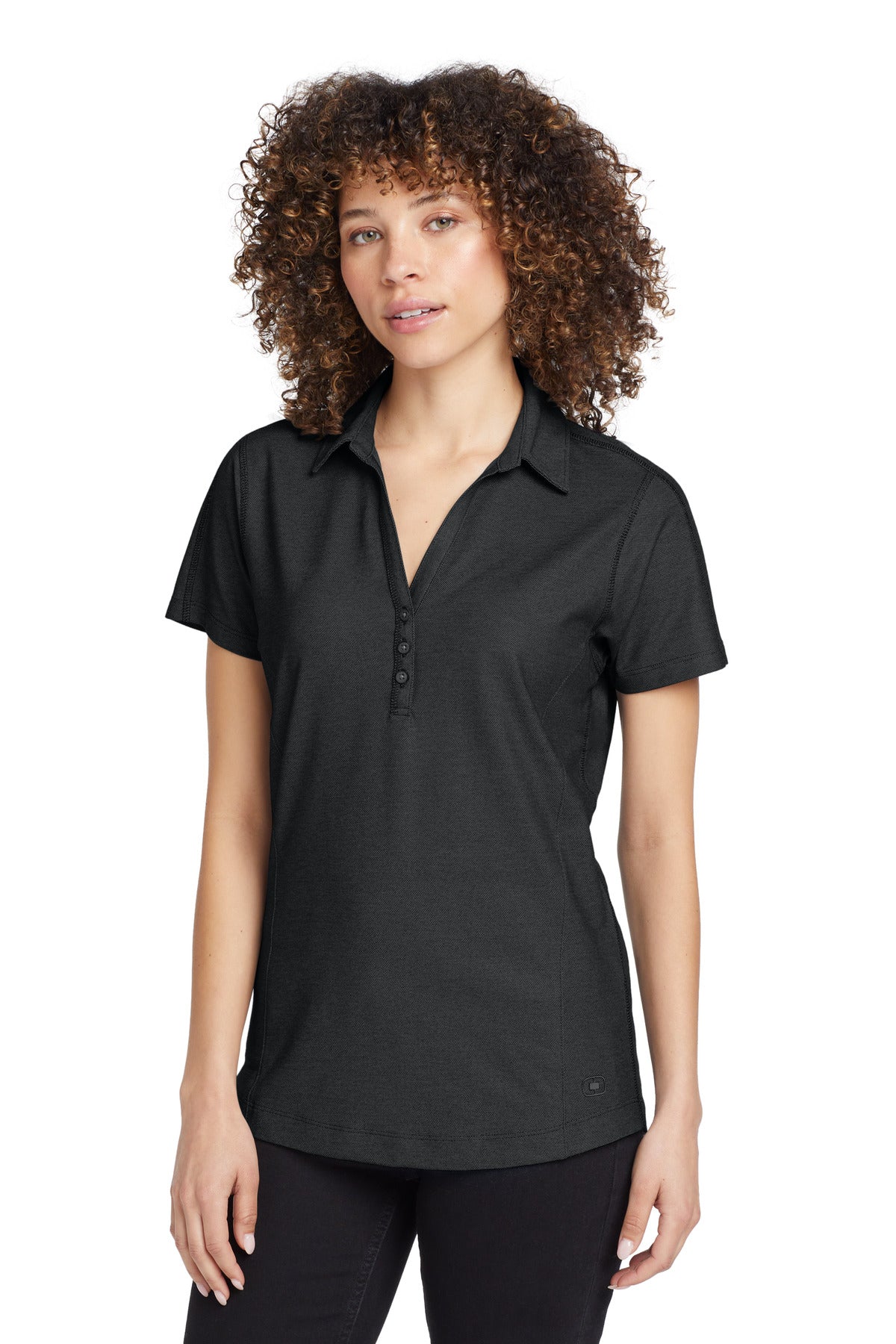 Front View of Blacktop OGIO Women's Onyx Polo. LOG126 - XS