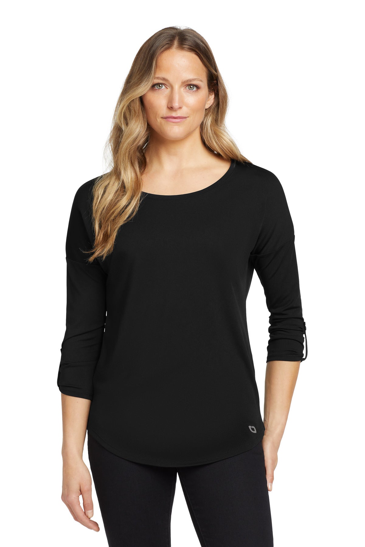 Front View of Blacktop OGIO Women's Gravitate Scoop 3/4-Sleeve . LOG141 - XS