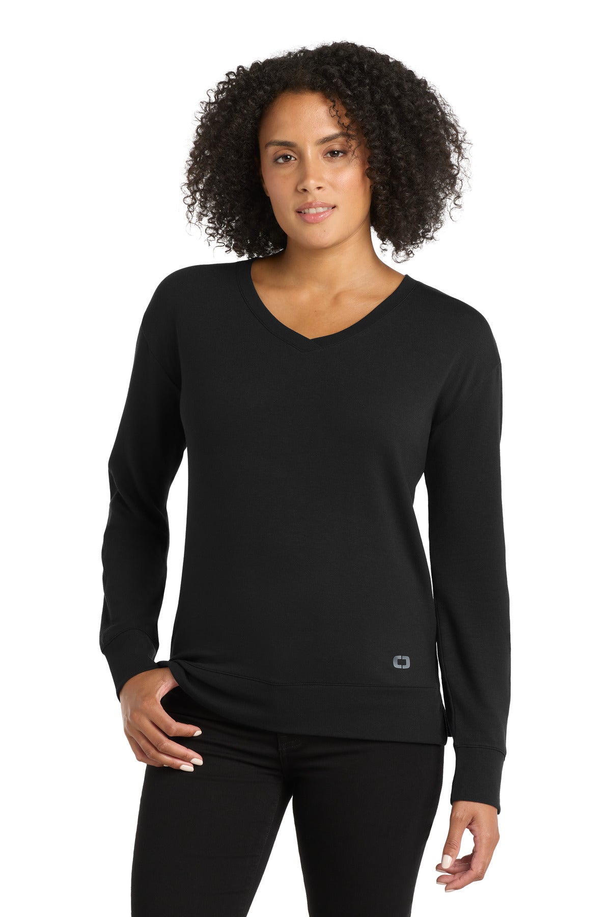 Front View of Blacktop OGIO Women's Luuma Flex Long Sleeve V-Neck LOG825 - XS