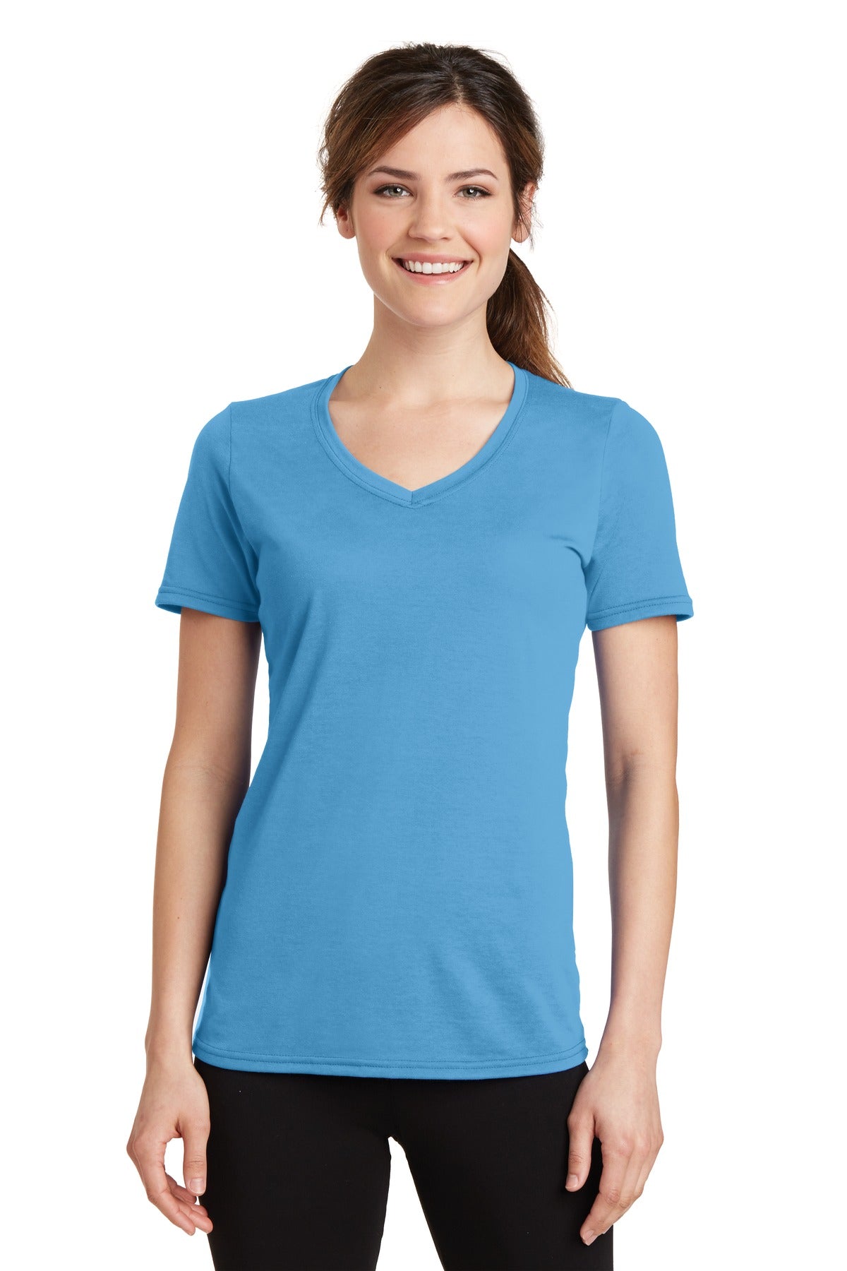 Front View of Aquatic Blue Port & Co Women's Performance Blend V-Neck Tee. LPC381V - 4XL