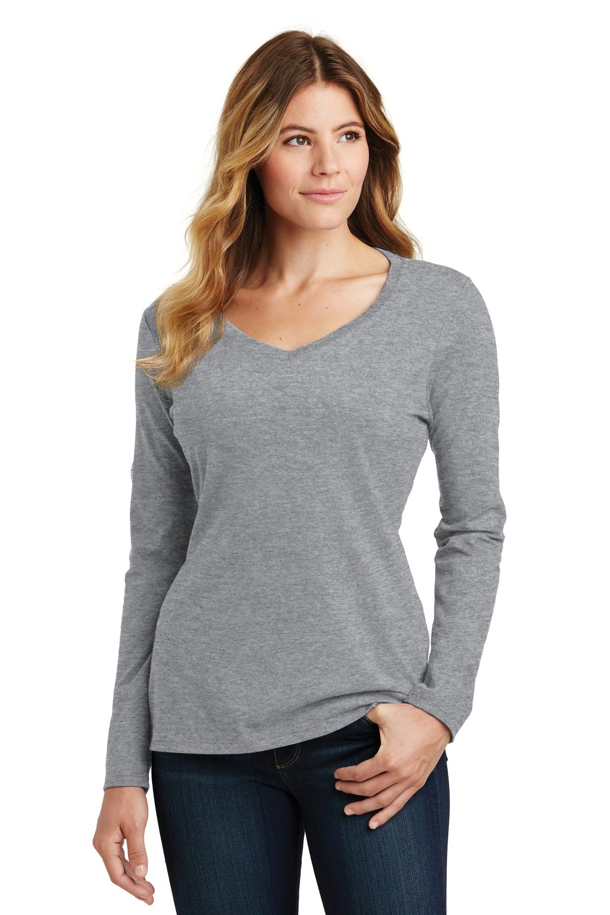 Front View of Athletic Hthr Port & Co Women's Long Sleeve Fan Favorite V-Neck Tee. LPC450VLS - XS