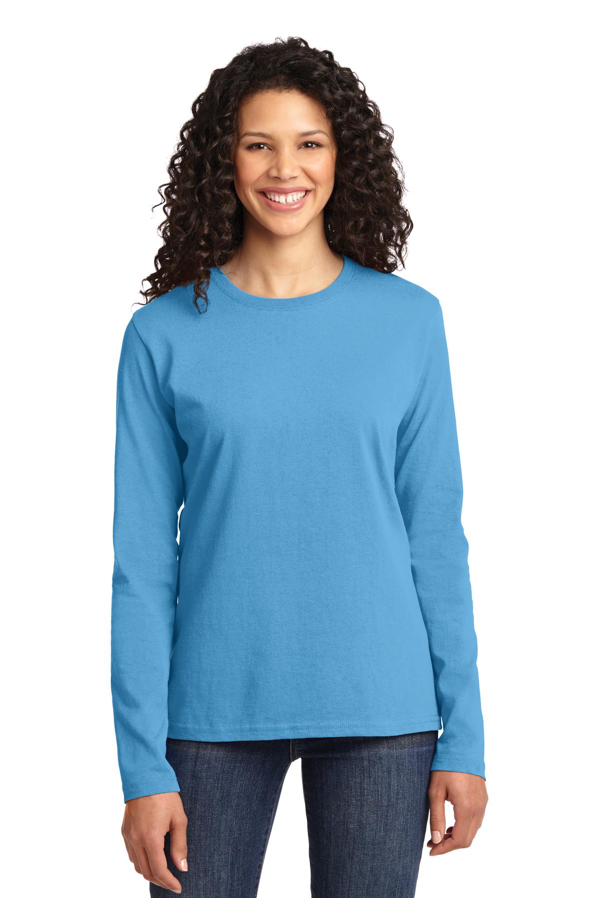 Front View of Aquatic Blue Port & Co Women's Long Sleeve Core Cotton Tee. LPC54LS - XS