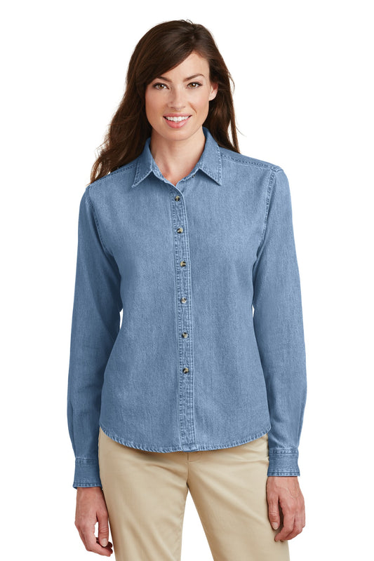 Front View of Faded Blue Port & Co Women's Long Sleeve Value Denim Shirt. LSP10 - XL