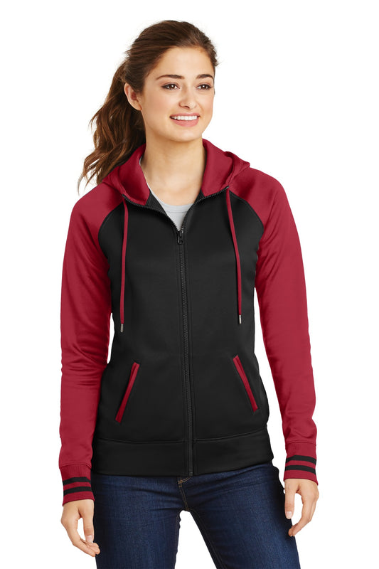 Front View of Blk/Deep Red Sport-Tek Women's Sport-Wick Varsity Fleece Full-Zip Hooded Jacket. LST236 - XS