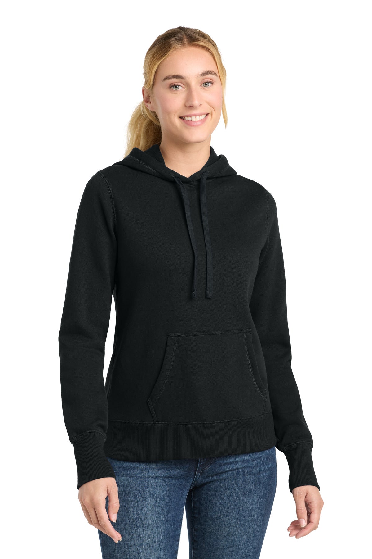 Front View of Black Sport-Tek Women's Pullover Hooded Sweatshirt. LST254 - XL