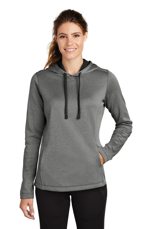 Front View of Black Hthr Sport-Tek Women's PosiCharge Sport-Wick Heather Fleece Hooded Pullover. LST264 - XXL