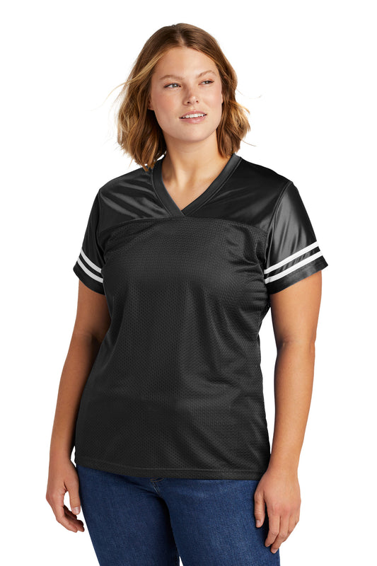 Front View of Black/White Sport-Tek Women's PosiCharge Replica Jersey. LST307 - M