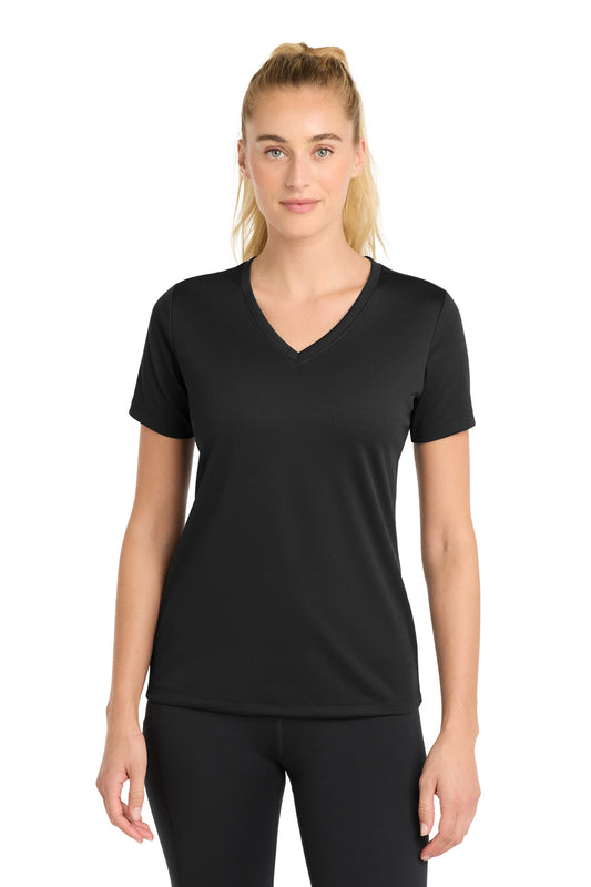 Front View of Black Sport-Tek Women's PosiCharge RacerMesh V-Neck Tee. LST340 - XL