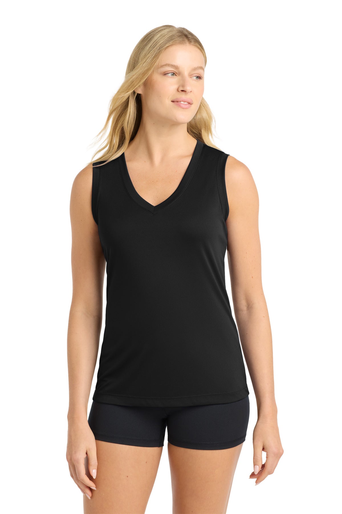 Front View of Black Sport-Tek Women's Sleeveless PosiCharge Competitor V-Neck Tee. LST352 - 3XL