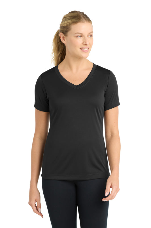 Front View of Black Sport-Tek Women's PosiCharge Competitor V-Neck Tee. LST353 - M