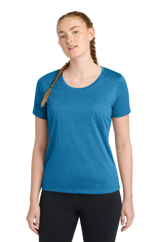 Front View of Blue Wake Hthr Sport-Tek Women's Heather Contender Scoop Neck Tee. LST360 - L