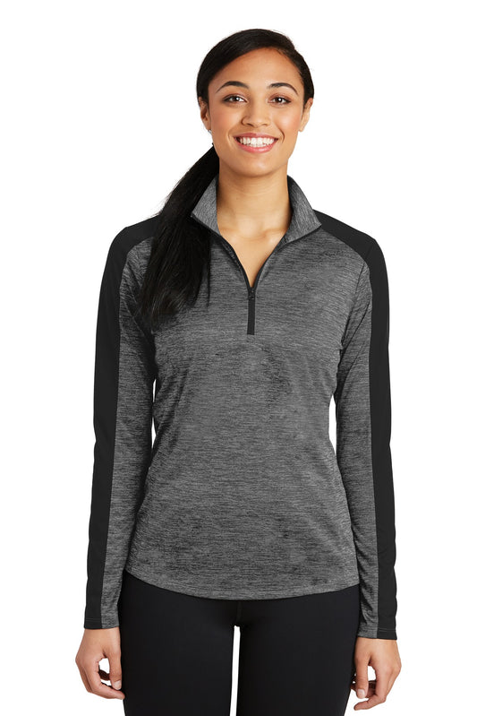 Front View of Grey-Blk E/Blk Sport-Tek Women's PosiCharge Electric Heather Colorblock 1/4-Zip Pullover. LST397 - XXL