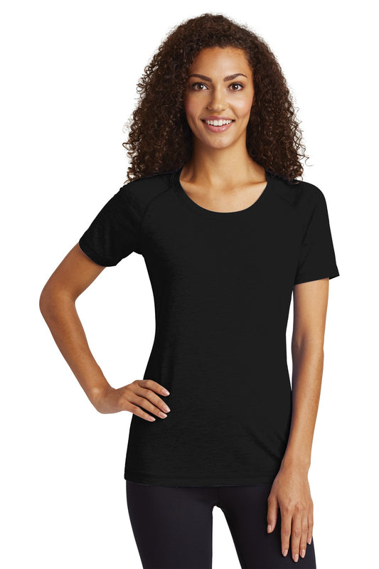 Front View of Black Triad So Sport-Tek Women's PosiCharge Tri-Blend Wicking Scoop Neck Raglan Tee. LST400 - M