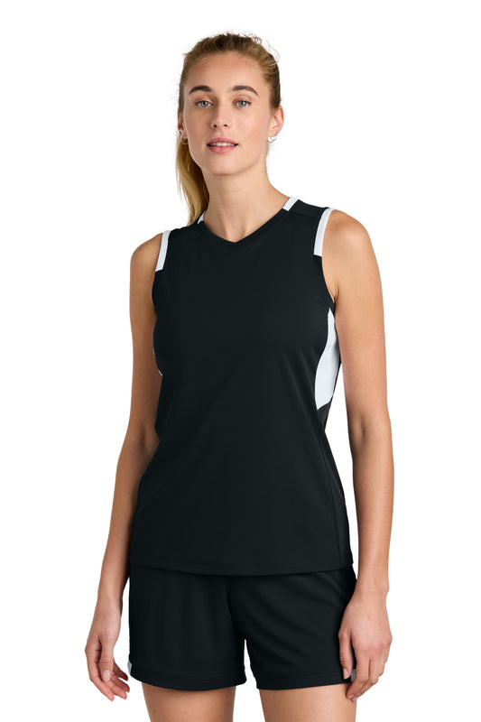 Front View of Blk/White Sport-Tek Women's Club Sleeveless V-Neck LST441 - S