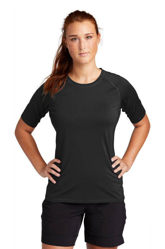 Front View of Black Sport-Tek Women's Rashguard Tee. LST470 - 3XL