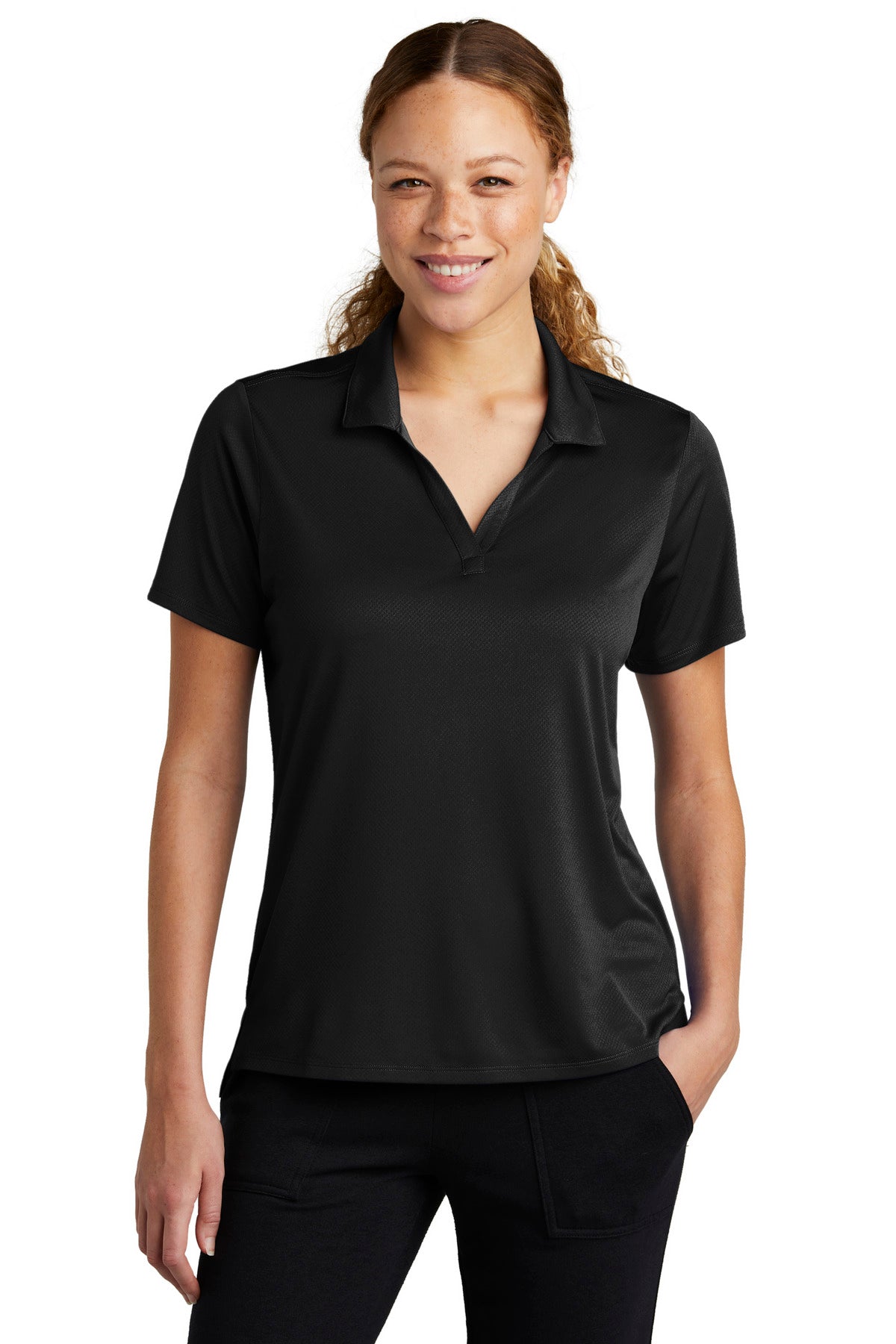 Front View of Black Sport-Tek Women's Sideline Polo LST535 - M