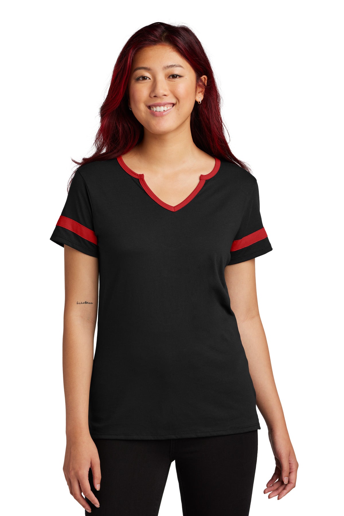 Front View of Blk/DpRed Sport-Tek Women's Halftime Notch Neck Tee LST6041 - 4XL