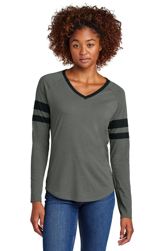 Front View of Blk/VtgHtr Sport-Tek Women's Halftime Stripe Long Sleeve V-Neck Tee LST6043 - XS