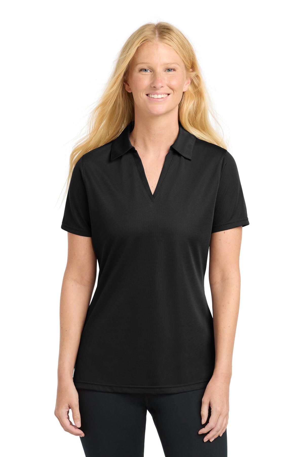 Front View of Black Sport-Tek Women's PosiCharge Active Textured Polo. LST690 - M