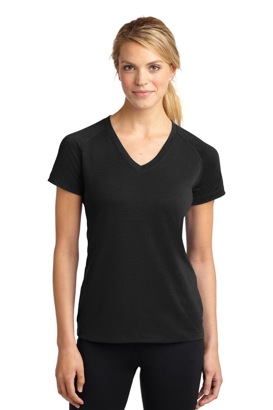 Front View of Black Sport-Tek Women's Ultimate Performance V-Neck. LST700 - XXL