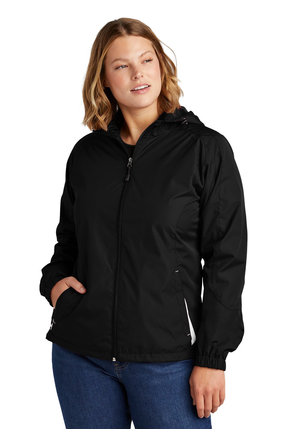 Front View of Black/White Sport-Tek Women's Colorblock Hooded Raglan Jacket. LST76 - L