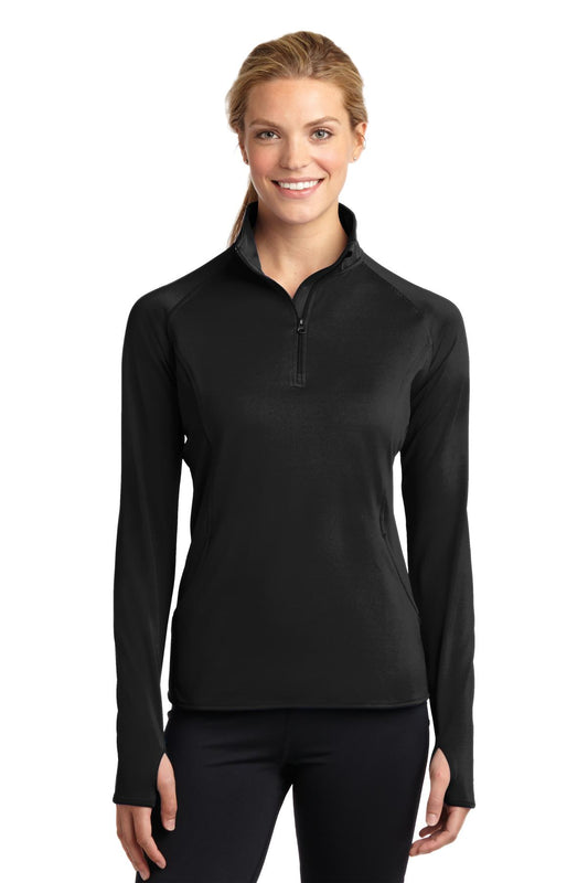 Front View of Black Sport-Tek Women's Sport-Wick Stretch 1/4-Zip Pullover. LST850 - M