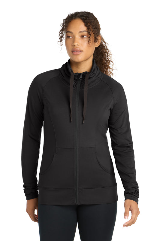 Front View of Black Sport-Tek Women's Sport-Wick Stretch Full-Zip Jacket. LST852 - XXL