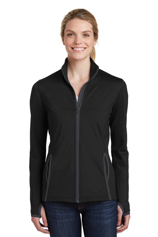 Front View of Blk/Char Grey Sport-Tek Women's Sport-Wick Stretch Contrast Full-Zip Jacket. LST853 - M
