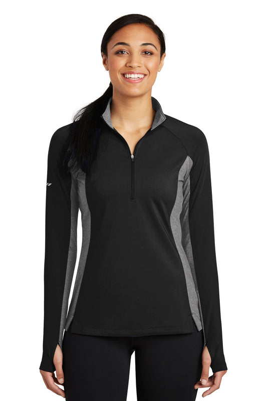 Front View of Black/Ch Gy He Sport-Tek Women's Sport-Wick Stretch Contrast 1/4-Zip Pullover. LST854 - S
