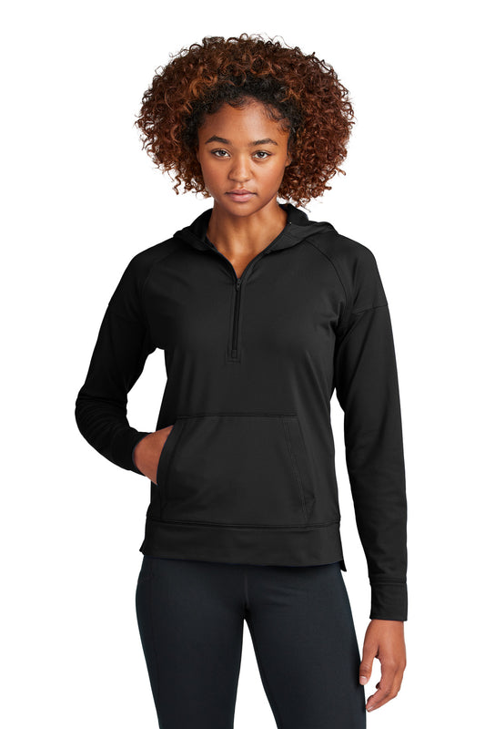 Front View of Black Sport-Tek Women's Sport-Wick Stretch 1/2-Zip Hoodie LST856 - 4XL