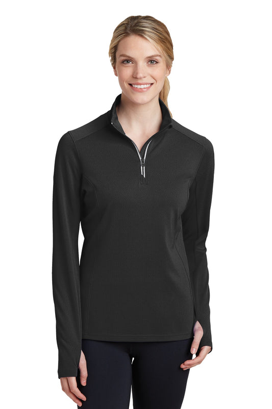 Front View of Black Sport-Tek Women's Sport-Wick Textured 1/4-Zip Pullover. LST860 - S