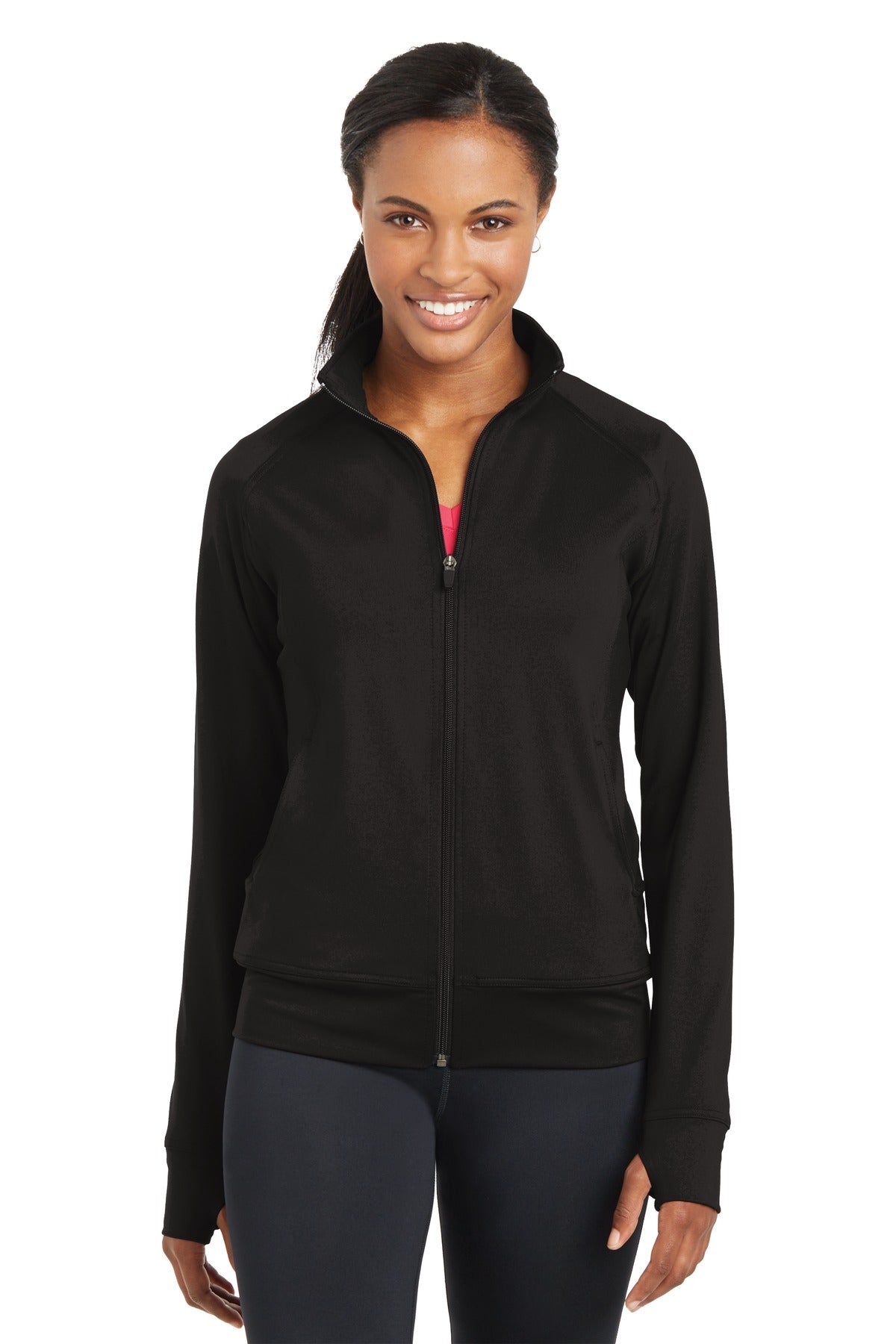 Front View of Black Sport-Tek Women's NRG Fitness Jacket. LST885 - XS