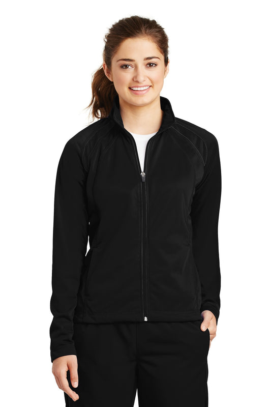 Front View of Black/Black Sport-Tek Women's Tricot Track Jacket. LST90 - XXL